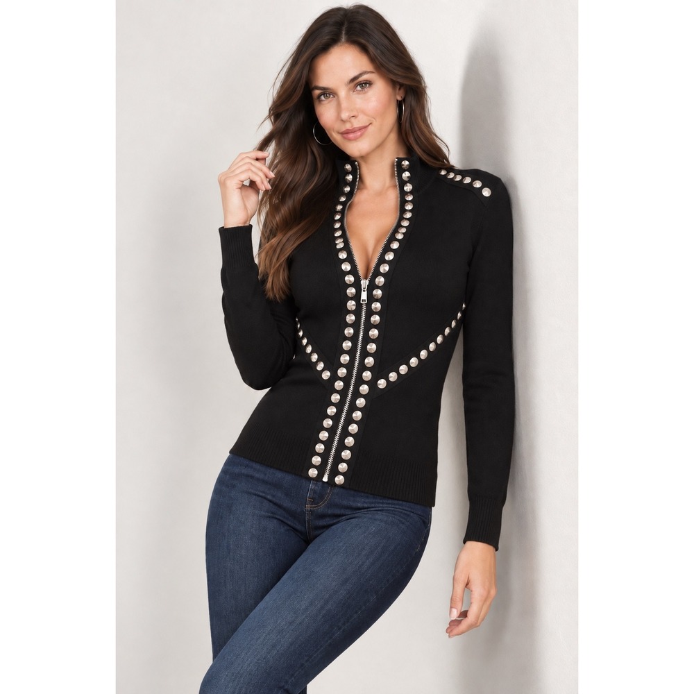 Boston Proper Studded Cardigan Large Black Zip Front Mock Neck NWT